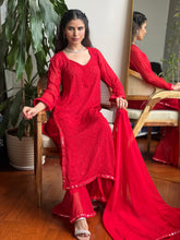 Mahogany Red Mirror Work Chikankari Kurta Set (Set of 3)